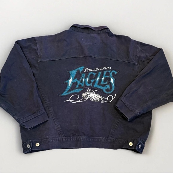 VTG Philadelphia Eagles Black Denim Jean Jacket XXL embroidered Patchwork Rare - Picture 1 of 8